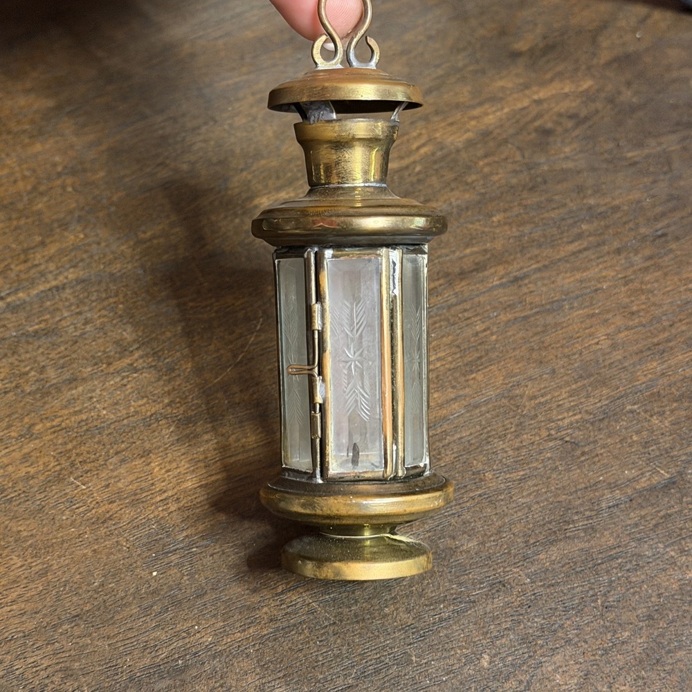 Vintage Miniature 4" Turkish Brass Shepherd Lamp Lantern Etched Glass Door Opens